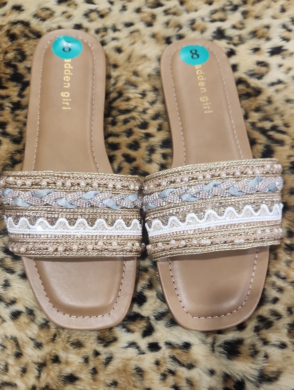 Madden Girl Tan Beaded Braided Slide Sandals